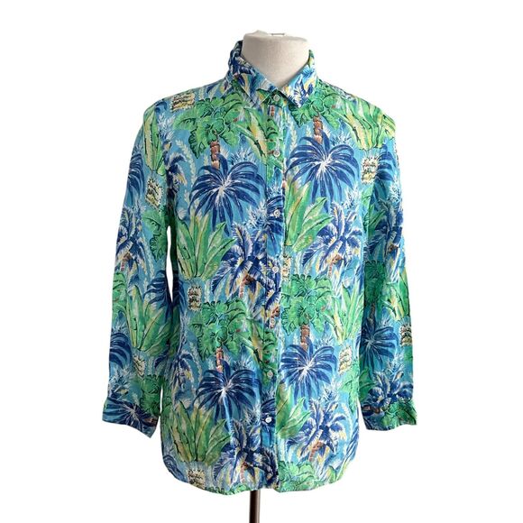 100 % Linen J McLaughlin Floral Palm Button Front Long Sleeve Shirt L - Picture 3 of 10